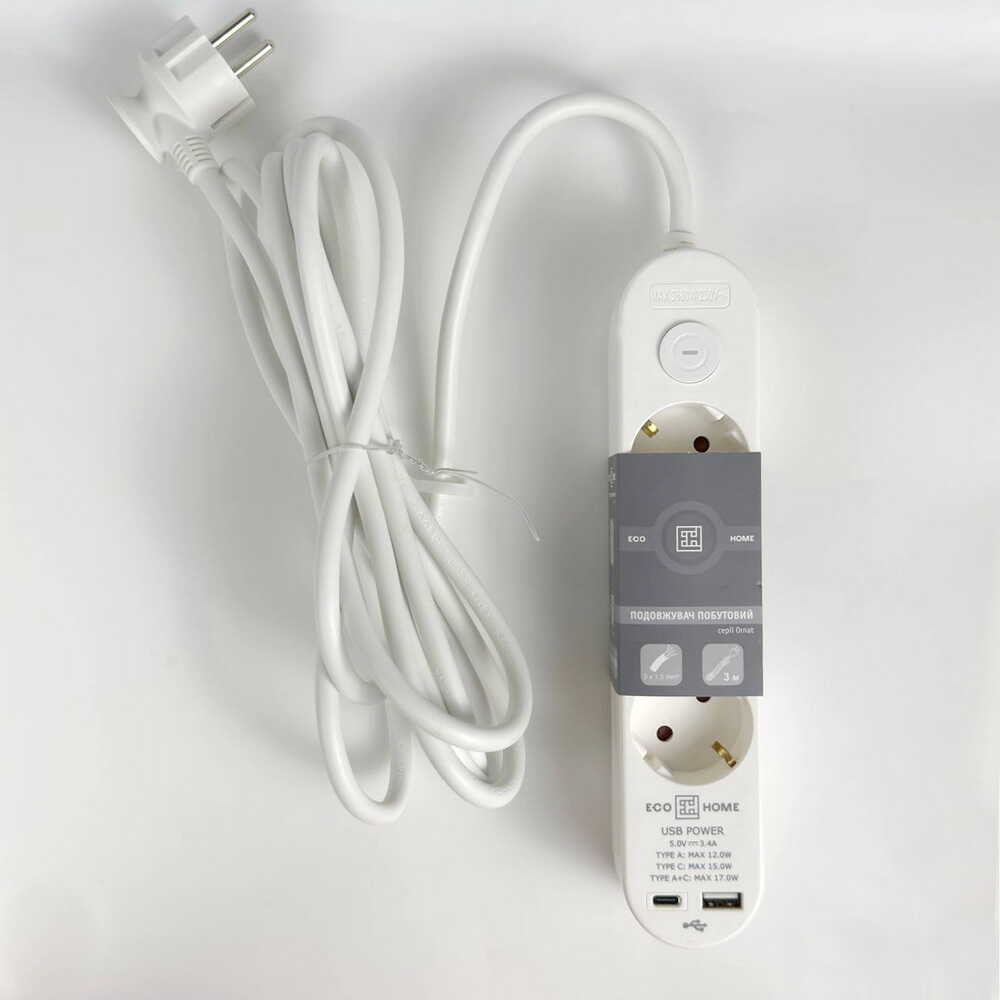 Удлинитель АСКО 3р 2м с заземлением USB + Type C белый ( ECO019001001 )